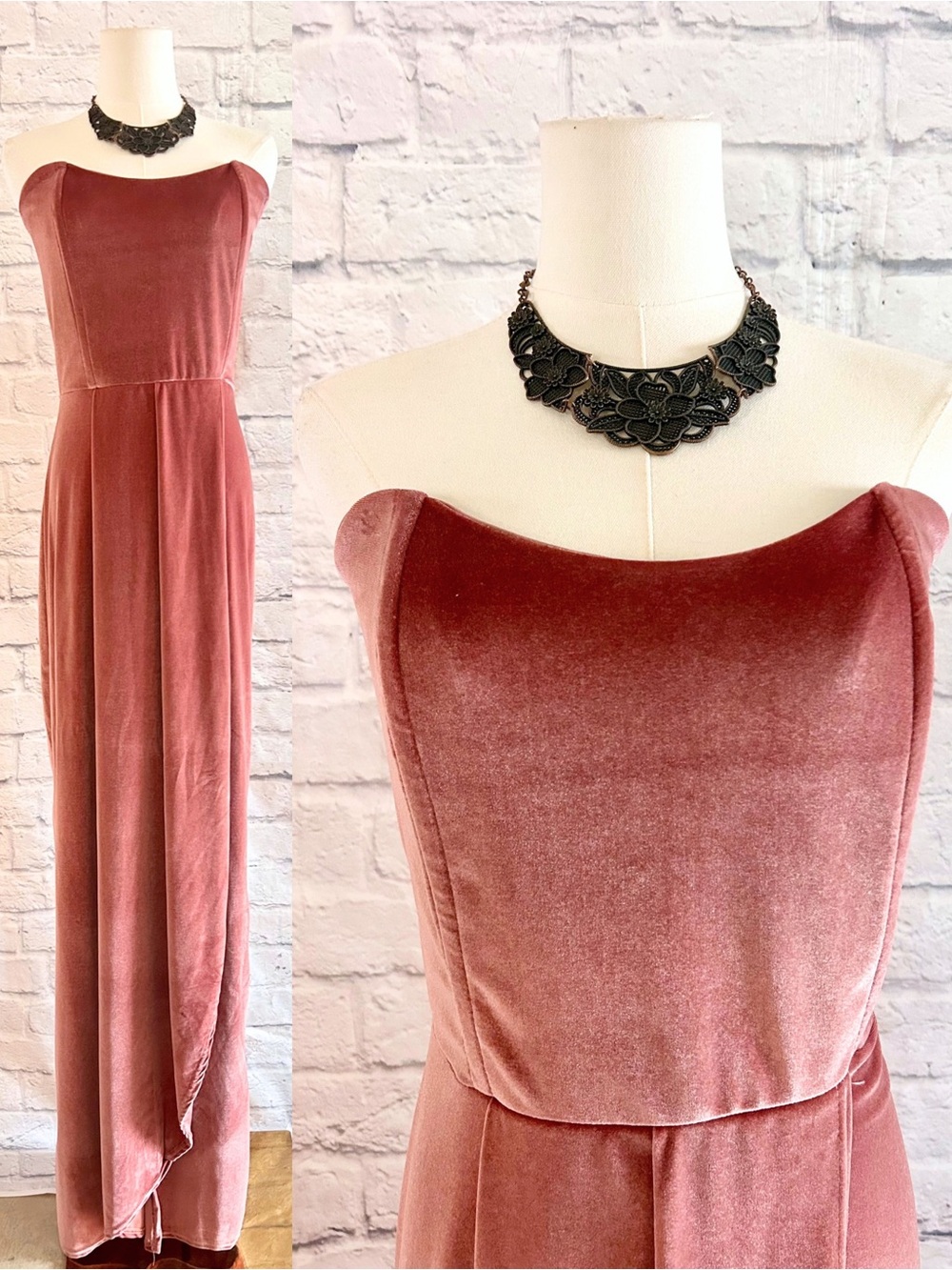 NWT PrettyLittleThing Strapless Velvet Maxi Dress Dusty Rose Pink Mauve Draped